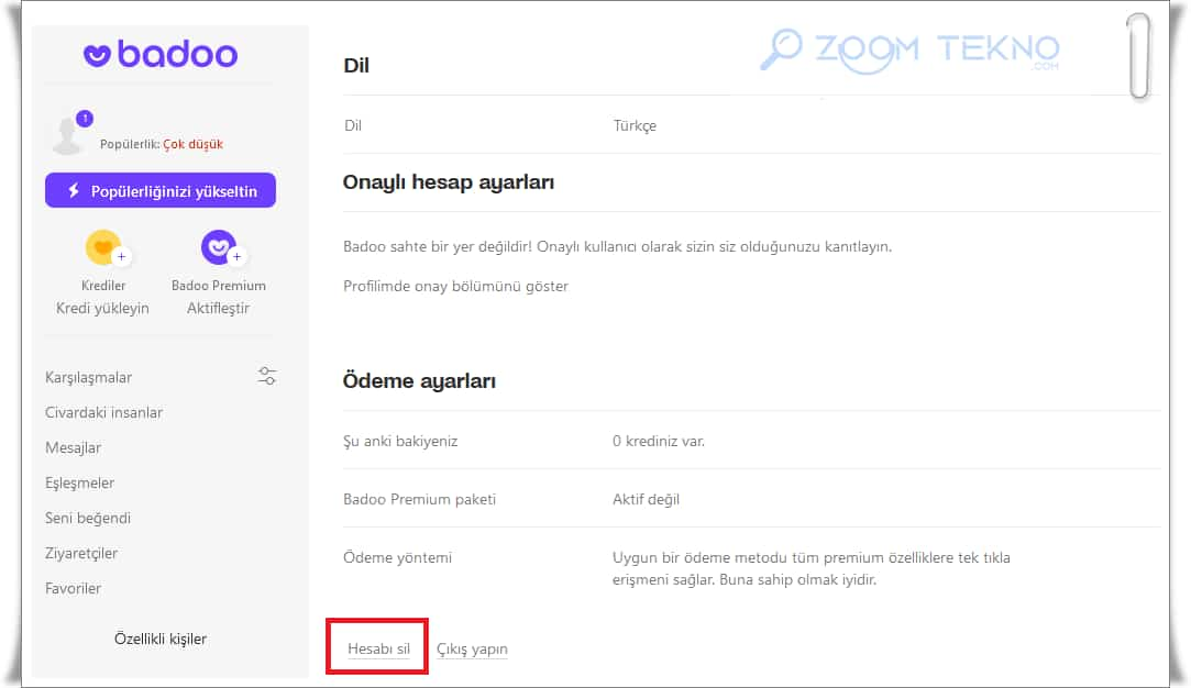 Badoo hesabını kalıcı olarak silme