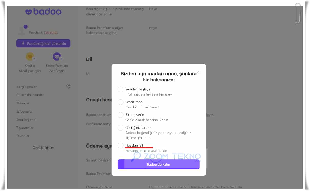 Badoo hesabını kalıcı olarak silme