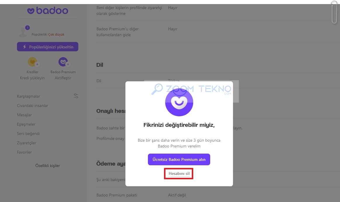 Badoo hesabını kalıcı olarak silme