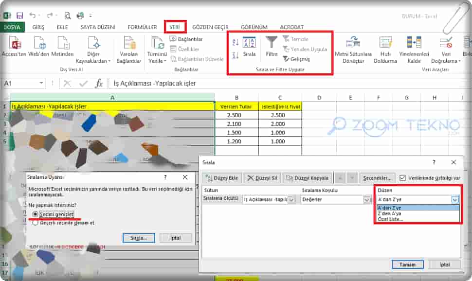 Excel'de Alfabetik Sıralama