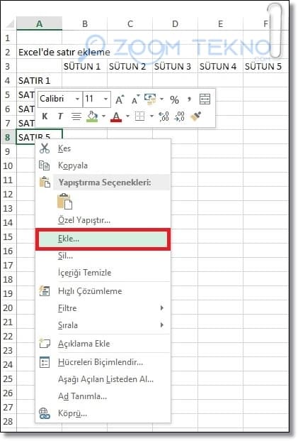 Excel satır ekleme, Excel satır silme, Excel sütun ekleme, Excel sütun silme