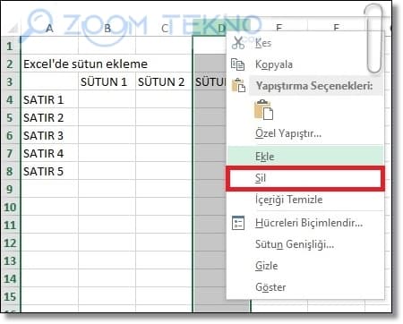 Excel satır ekleme, Excel satır silme, Excel sütun ekleme, Excel sütun silme