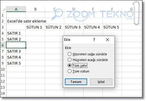 Excel satır ekleme, Excel satır silme, Excel sütun ekleme, Excel sütun silme