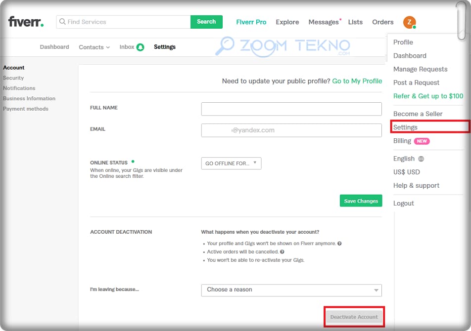4 Kolay Adımda Fiverr Hesap Silme