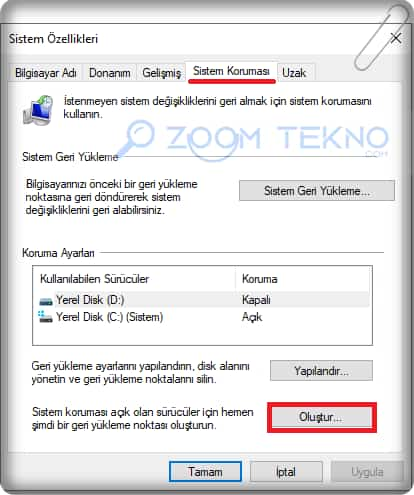 Sistem Geri Yükleme Noktası Oluşturma