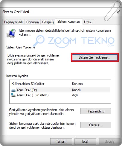 Sistem Geri Yükleme Noktası Oluşturma