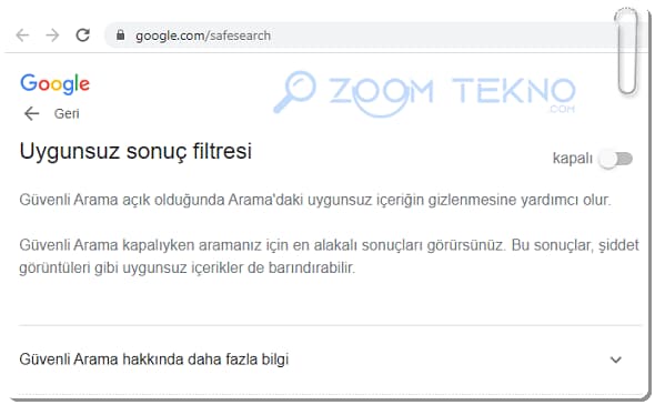 Google Güvenli Arama filtresini kapatma