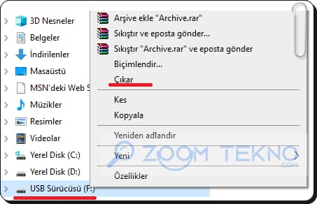 Bilgisayardan Harici Disk veya USB Belleği Güvenle Çıkarma