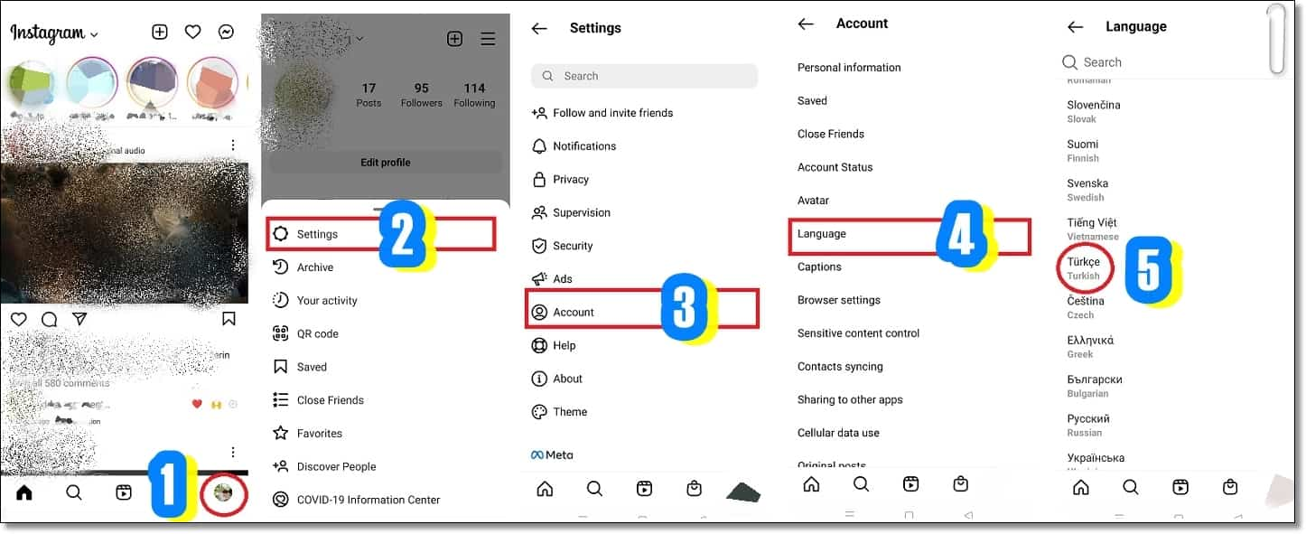 Instagram İngilizce oldu, nasıl Türkçe yapabilirim?