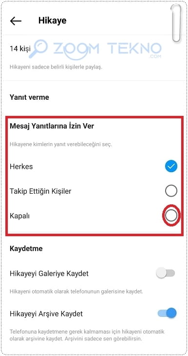 Instagram hikayede yorum kapatma