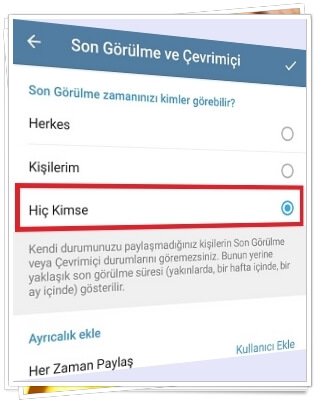 telegram son gorulme kapatma 3